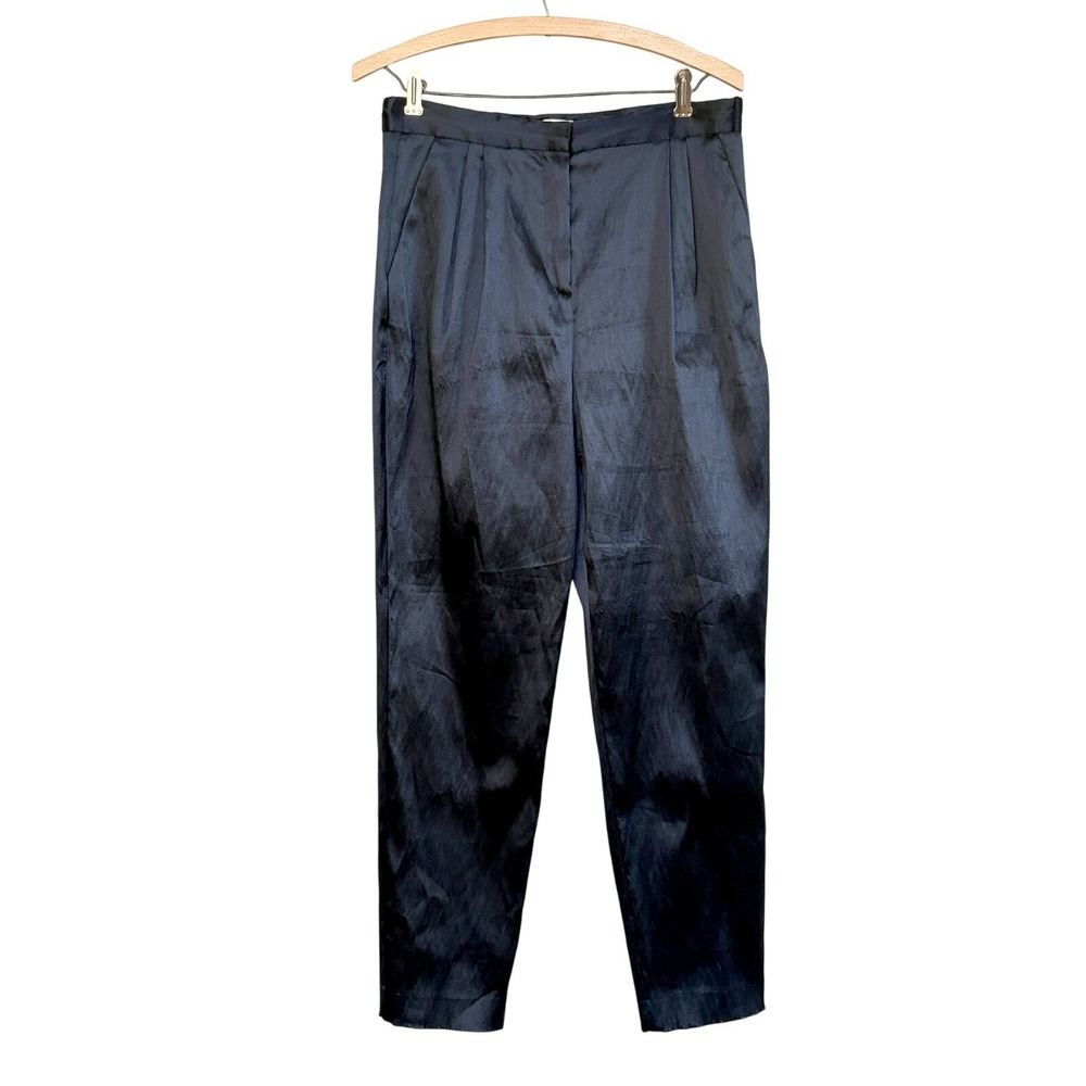 MANSUR GAVRIEL Blue Linen Blend Shiny Designer High Waist pants EU 44 US 12